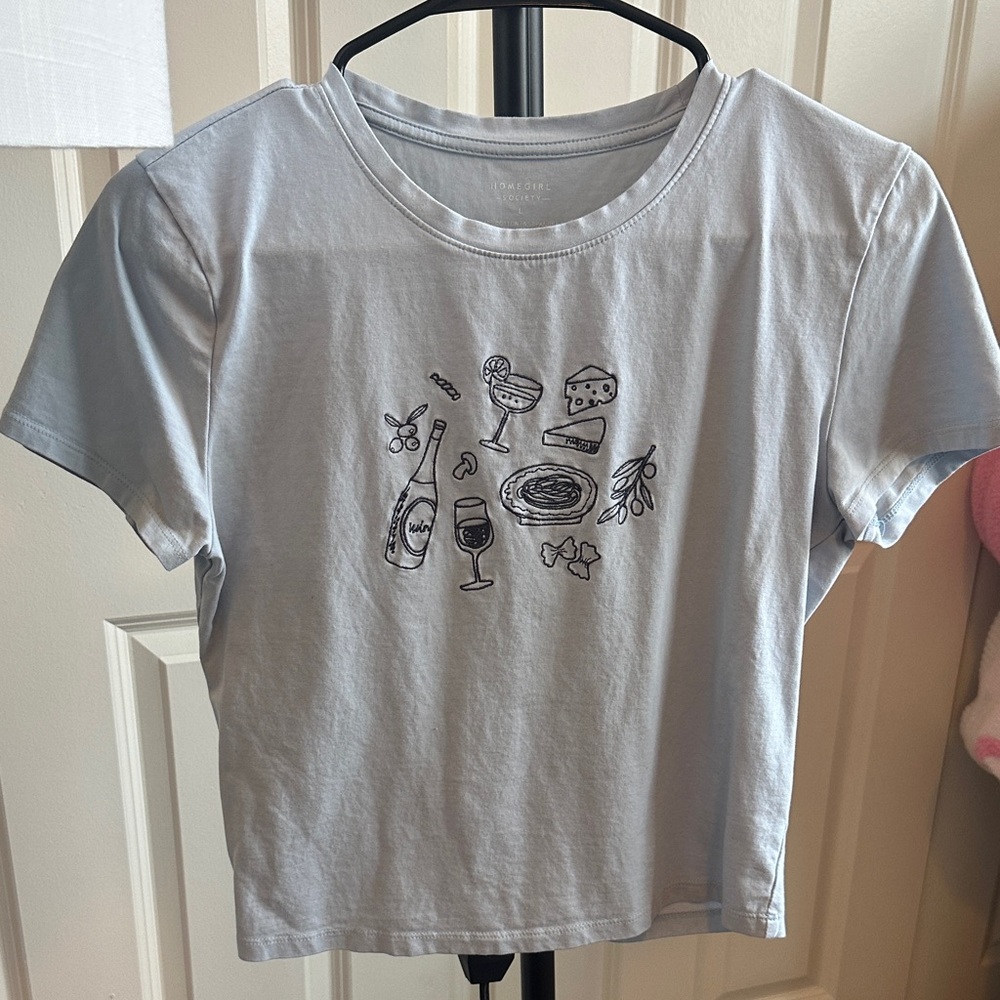 Light Blue Graphic Tee with Food & Drink Illustration